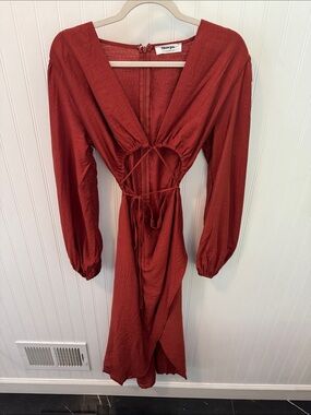 Showpo. Deep Rust Long Sleeve Tie-Front Midi Dress